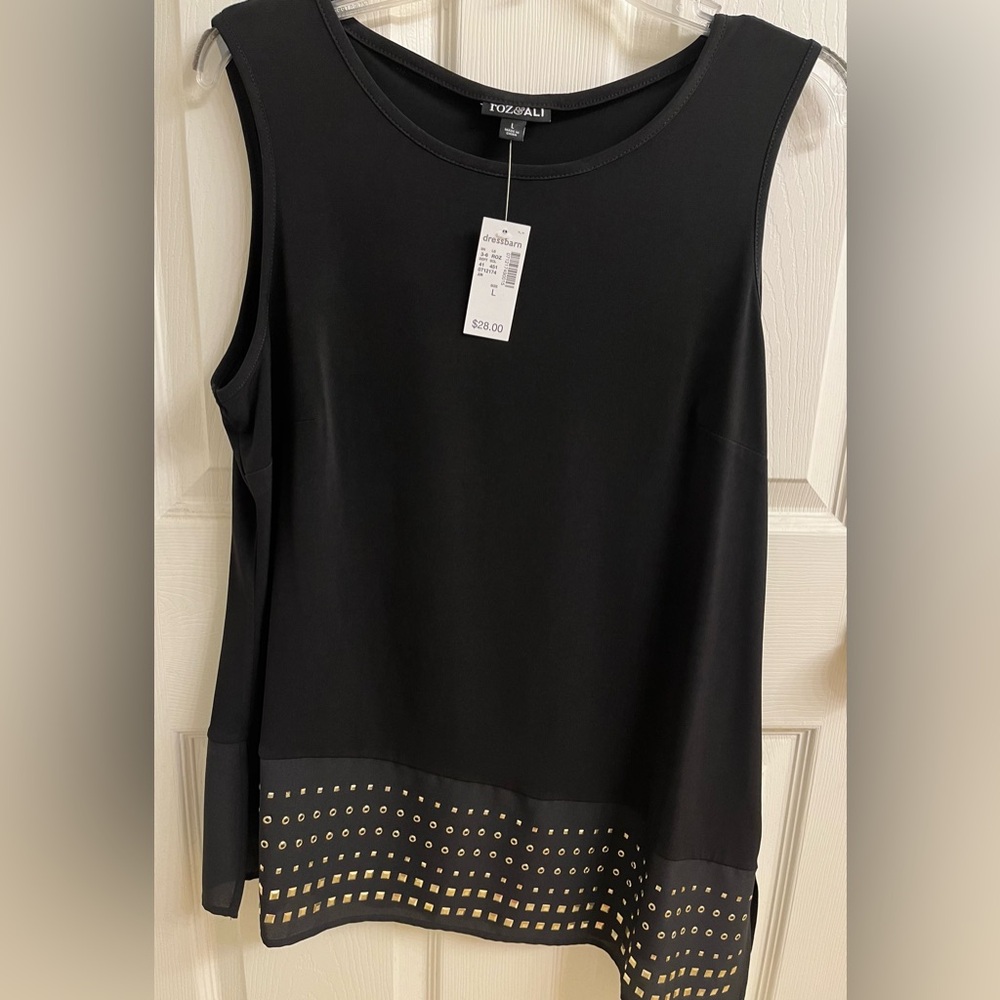 Roz & Ali Black Sleeveless Asymmetrical Top with Gold Accents